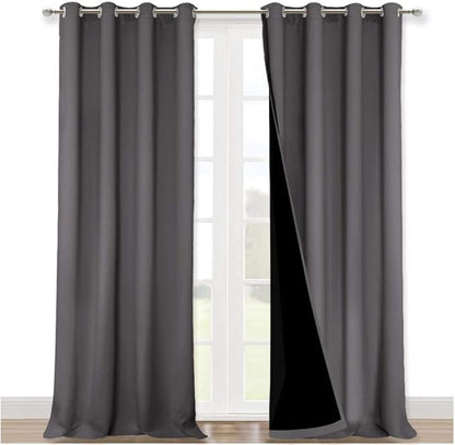 NICETOWN Total Shade Curtains and Draperies, Heavy-Duty Full Light Shading Drapes with Black Liner Backing for Villa/Hall/Dorm Window（Gray, Package of 2, 52 inches Wide x 95 inches Long