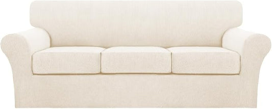 Turquoize 4 Piece Sofa Covers for 3 Cushion Couch Sofa Slipcover Soft Couch Cover for Dogs-Washable Furniture Cover with 3 Individual Covers (3 Cushion Sofa, Cream)
