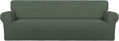 PureFit Super Stretch 4 Seater Sofa Slipcover – Spandex Non Slip Soft Couch Sofa Cover, Washable Furniture Protector with Non Skid Foam and Elastic Bottom for Kids, Pets （XX Large, Grayish Green）