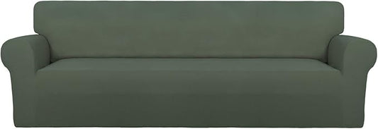 PureFit Super Stretch 4 Seater Sofa Slipcover – Spandex Non Slip Soft Couch Sofa Cover, Washable Furniture Protector with Non Skid Foam and Elastic Bottom for Kids, Pets （XX Large, Grayish Green）