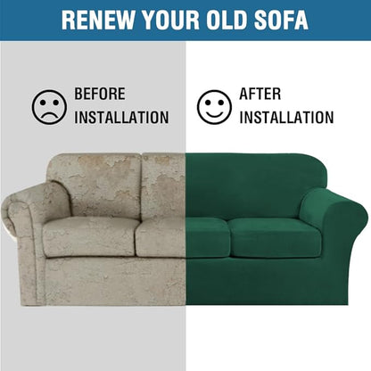 H.VERSAILTEX Modern Velvet Plush 4 Piece High Stretch Sofa Slipcover Sofa Cover Furniture Protector Form Fit Thick Velvet Sofa Cover for 3 Cushion Couch Width Up to 90 Inch (Sofa,Vintage Green)