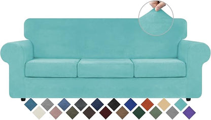 WEERRW 4 Pieces Velvet High Stretch Couch Covers for 3 Cushion Couch Sofa Slipcovers, Washable Furniture Protector with Non Slip Elastic Bottom, Feature Soft and Thick Plush Fabric, Aqua, Large