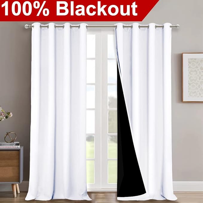NICETOWN Full Shading Curtains 90 inches Long 2 Panels Set for Windows, Super Heavy-Duty Black Lined Blackout Curtains for Bedroom, Privacy Assured Window Treatment (White, Pack of 2, 52 inches W)
