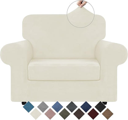 WEERRW Stretch Chair Sofa Slipcover - 2 Pieces Luxury Soft Plush Couch Cover Furniture Protector with Elastic Bottom for Pets, Machine Washable, Ivory, Small