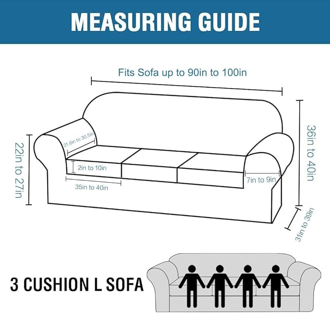 H.VERSAILTEX 4 Piece Stretch Sofa Covers for 3 Cushion Couch Covers for Living Room Furniture Slipcovers (Base Cover Plus 3 Seat Cushion Covers) Thicker Jacquard Fabric (Large Sofa, Storm Blue)