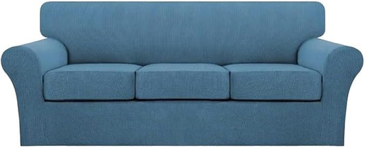 Turquoize 4 Piece Sofa Covers for 3 Cushion Couch Sofa Slipcover Soft Couch Cover for Dogs Washable Furniture Cover with 3 Individual Large Cushion Covers Feature Fabric (Large Sofa, Dusty Blue)