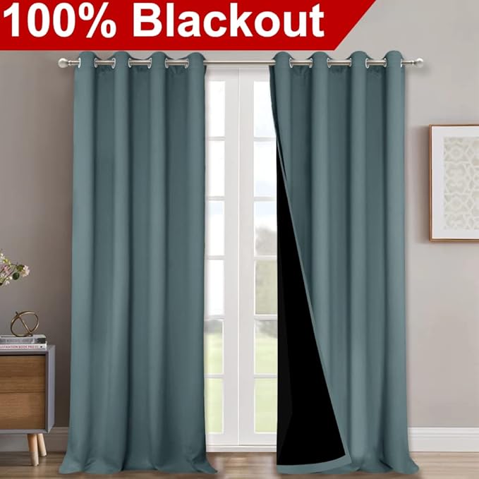 NICETOWN Aqua 100% Blackout Curtains for Windows, Super Heavy-Duty Black Lined Total Darkness Drapes for Bedroom, Privacy Assured Window Treatment for Patio (Pack of 2, 52 inches W x 108 inches L)