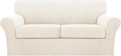 Turquoize 3 Piece Sofa Covers for 2 Cushion Couch Sofa Slipcover Soft Couch Cover for Dogs-Washable Furniture Cover with 2 Individual Covers, Feature Fabric (2 Cushion Sofa, Cream)