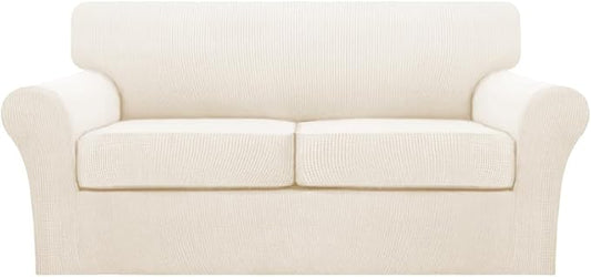 Turquoize 3 Piece Sofa Covers for 2 Cushion Couch Sofa Slipcover Soft Couch Cover for Dogs-Washable Furniture Cover with 2 Individual Covers, Feature Fabric (2 Cushion Sofa, Cream)
