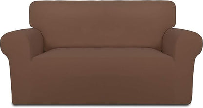 PureFit Super Stretch Sofa Slipcover – Spandex Non Slip Soft Couch Sofa Cover, Washable Furniture Protector with Non Skid Foam and Elastic Bottom for Kids, Pets （Loveseat, Brown）