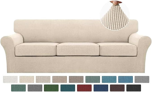 Turquoize 4 Piece Sofa Covers For 3 Cushion Couch Sofa Slipcover Soft Couch Cover For Dogs-Washable Sofa Furniture Covers With 3 Individual Large Cushion Covers Feature Fabric (XL Sofa,Biscotti Beige)