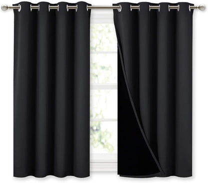 NICETOWN 100% Blackout Curtains 45 inches Length, 2 Thick Layers Completely Blackout Window Treatment Thermal Insulated Lined Drapes for Basement Window (Black, 1 Pair, 52 inches Width Each Panel)