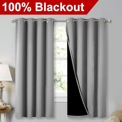 NICETOWN Extra Long Truly Blackout Drapes for Hall and Villa, 46-inch Width Each Panel, 45-inch Length, Silver Grey, 2 Pieces, 100% Blackout Window Curtains with Black Lined for Night Shift Worker