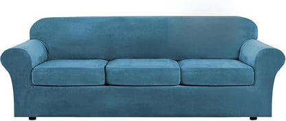 H.VERSAILTEX High Stretch Sofa Slipcover 4 Piece Cover Velvet Furniture Protector Form Fit Thick Velvet Extra Large Sofa Cover for 3 Cushion Couch Width Up to 97 Inch (Large Sofa, Peacock Blue)