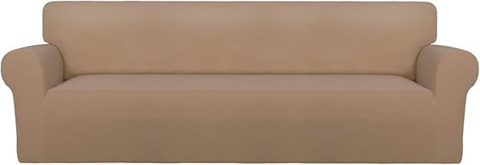 PureFit Super Stretch 4 Seater Sofa Slipcover – Spandex Non Slip Soft Couch Sofa Cover, Washable Furniture Protector with Non Skid Foam and Elastic Bottom for Kids, Pets （XX Large, Camel）