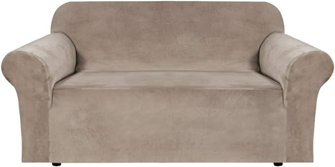H.VERSAILTEX Stretch Velvet Loveseat Covers for 2 Cushion Couch Covers for Living Room Sofa Covers Slipcovers with Non Slip Straps Bottom, Ultra Thick Comfy Velour (Width 58"-72", Taupe)
