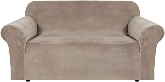 H.VERSAILTEX Stretch Velvet Loveseat Covers for 2 Cushion Couch Covers for Living Room Sofa Covers Slipcovers with Non Slip Straps Bottom, Ultra Thick Comfy Velour (Width 58"-72", Taupe)