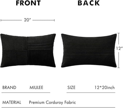 MIULEE Black Decorative Lumbar Throw Pillow Covers 12x20 Inch for Couch Bed Sofa Pack of 2 Boho Farmhouse Throw Pillows Soft Cross Corduroy Patchwork Textured Cushion Cases
