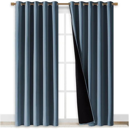 NICETOWN 100% Blackout Window Curtain Panels, Smoky Blue, 2 Pieces, 70" Wide Each Panel, Cold and Full Light Blocking Drapes with Black Liner for Nursery, 84" Drop Thermal Insulated Draperies