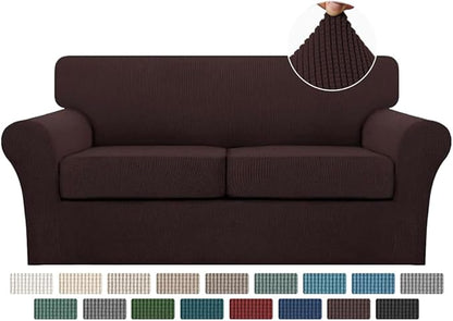 Turquoize 3 Piece Sofa Covers For 2 Cushion Couch Sofa Slipcover Soft Couch Cover For Dogs-Washable Sofa Furniture Covers With 2 Individual Cushion Covers, Feature Thick Fabric (2 Cushion Sofa, Brown)