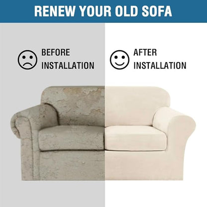 H.VERSAILTEX Real Velvet Plush 3 Piece Stretch Sofa Covers Couch Covers for 2 Cushion Couch Sofa Slipcovers Width Up to 90 Inch Feature Thick Soft Stay in Place (Sofa, Cream)
