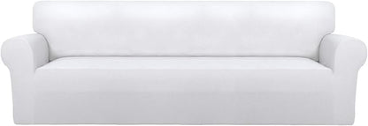 PureFit Super Stretch 4 Seater Sofa Slipcover – Spandex Non Slip Soft Couch Sofa Cover, Washable Furniture Protector with Non Skid Foam and Elastic Bottom for Kids, Pets （XX Large, White）