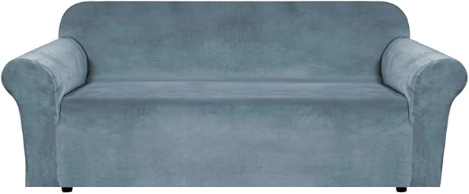 H.VERSAILTEX Stretch Velvet Sofa Covers for 3 Cushion Couch Covers Sofa Slipcovers Furniture Protector Soft with Non Slip Elastic Bottom, Crafted from Comfy Rich Velour (Sofa 72'-90', Stone Blue)