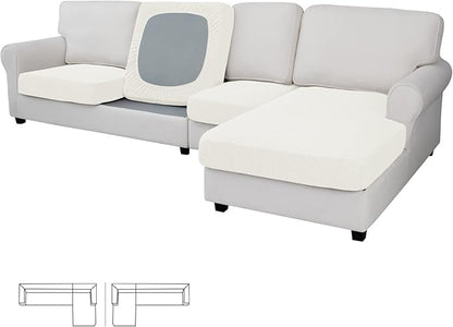 Easy-Going Stretch 4 Pieces Couch Cushion Covers for Sectional Sofa Left/Right L Shape Chaise Lounge Sofa Seat slipcover Anti-Slip Sofa Cover Soft (3 Seater + 1 Chaise, Cream)
