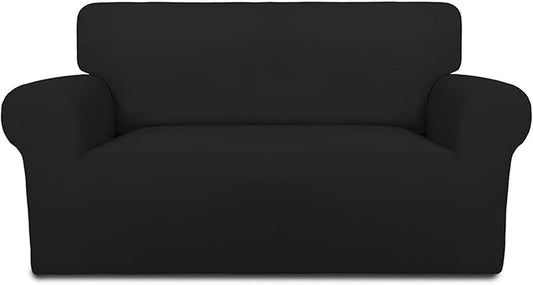 PureFit Super Stretch Sofa Slipcover – Spandex Non Slip Soft Couch Sofa Cover, Washable Furniture Protector with Non Skid Foam and Elastic Bottom for Kids, Pets （Loveseat, Black）