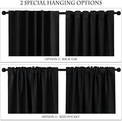 PONY DANCE Blackout Curtains for Kitchen - Light Blocking Thermal Insulated Back Tab Draperies Energy Saving/Short Window Treatments, 52 Wide by 63 inch Drop, Black, Double Panels