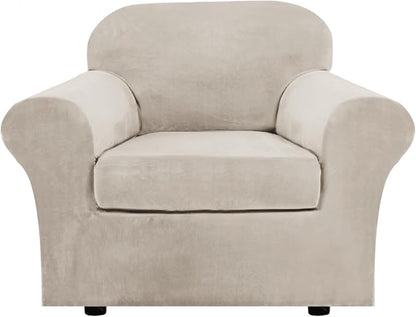 H.VERSAILTEX Rich Velvet Stretch 2 Piece Cover Chair Slipcover Sofa Cover Furniture Protector Couch Soft with Elastic Bottom Chair Couch Cover Width Up to 49 Inch (Chair, French Oak)