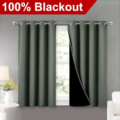 NICETOWN Dark Mallard 100% Blackout Curtains 45 inches Long, 2 Thick Layers Completely Blackout Window Treatment Thermal Insulated Lined Drapes for Small Window (1 Pair, 52 inches Width Each Panel)