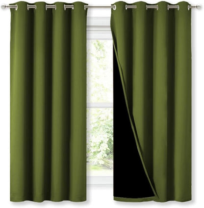 NICETOWN 100% Blackout Curtains 45 inches Long, Olive Green, 1 Pair, 52 inches Width Each Panel, 2 Thick Layers Completely Blackout Window Treatment Thermal Insulated Lined Drapes for Small Window