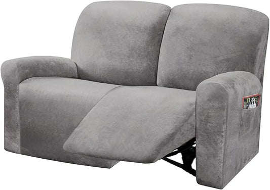 ULTICOR Reclining Love Seat Slipcover, 48" - 65" L, 6-Piece Velvet Stretch Loveseat Reclining Sofa Covers, 2 seat Love seat Recliner Cover, Thick, Soft, Washable (Light Grey)