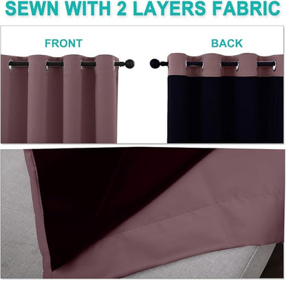 NICETOWN 100% Blackout Short Curtains with Black Liners, 2 Panels, 37" W by 40" L, Dry Rose, Solid Thermal Insulated Full Blackout 2-Layer Lined Drapes, Energy Efficiency Window Draperies for Bedroom