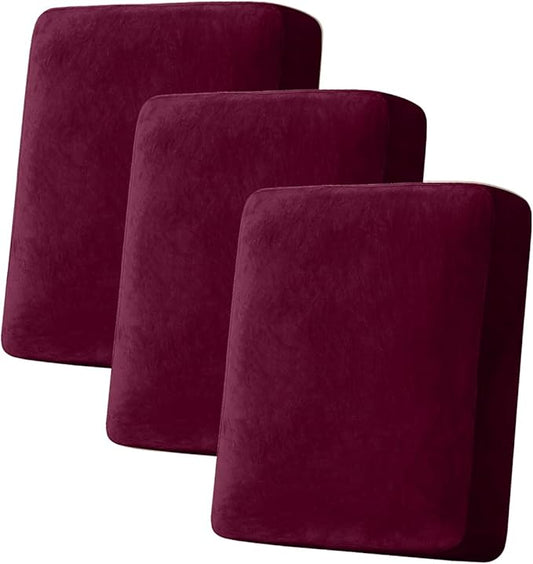 Couch Cover Stretch Velvet Sofa Cushion Cover 3-Piece - Elastic Washable Slipcover for Seat or Backrest, Couch Seat Covers for Sofas (Wine)
