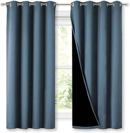 NICETOWN 100% Blackout Curtains 54" Long, Smoky Blue, 1 Pair, 52" Width Each Panel, Double-Deck Completely Blackout Window Treatment Thermal Insulated Lined Drapes for Small Window
