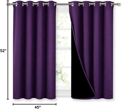 NICETOWN Kitchen Full Blackout Curtain Panels, Super Thick and Soft Insulated Window Covers, 100% Blackout Draperies with Black Backing for Cafe Window (Royal Purple, Set of 2 PCs, 52 by 45-inch)