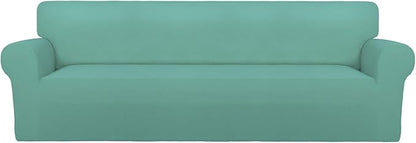 PureFit Super Stretch 4 Seater Sofa Slipcover – Spandex Non Slip Soft Couch Sofa Cover, Washable Furniture Protector with Non Skid Foam and Elastic Bottom for Kids, Pets （XX Large, Cyan）
