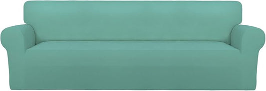 PureFit Super Stretch 4 Seater Sofa Slipcover – Spandex Non Slip Soft Couch Sofa Cover, Washable Furniture Protector with Non Skid Foam and Elastic Bottom for Kids, Pets （XX Large, Cyan）