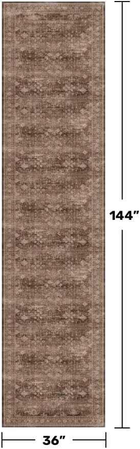 Hazo Haus Brown Neutral Boho Washable 3x12 Extra Long Hallway Runner Rug, Waterproof Large Kitchen Floor Rug Indoor, Non-Slip Stain & Fade Resistant, Vintage Dark Earthy Taupe Decor