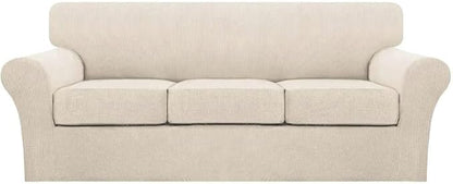 Turquoize 4 Piece Couch Cover Sofa Covers for 3 Cushion Couch Sofa Slipcovers Washable Sofa Cover for Dogs with Individual Couch Cushion Covers Feature Jacquard Fabric(3 Cushion Sofa, Biscotti Beige)