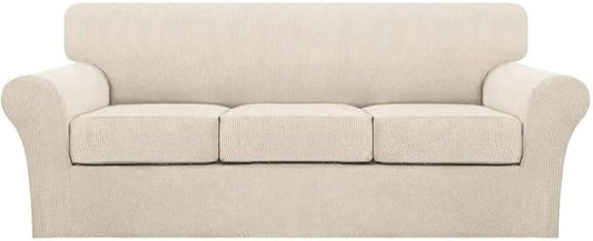 Turquoize 4 Piece Couch Cover Sofa Covers for 3 Cushion Couch Sofa Slipcovers Washable Sofa Cover for Dogs with Individual Couch Cushion Covers Feature Jacquard Fabric(3 Cushion Sofa, Biscotti Beige)
