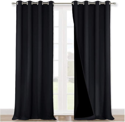 NICETOWN Cold Blocking 100% Blackout Curtains, Durable Black Lined Blackout Curtains for Bedroom, Energy Saving Long Curtains for Patio Sliding Glass Door, Black, 52 inches x 95 inches, 2 Panels