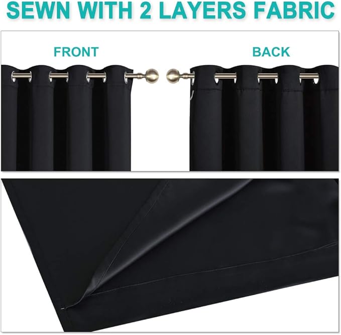 NICETOWN 100% Blackout Window Curtain Panels, Full Light Blocking Drapes with Black Liner for Nursery, 72 inches Drop Thermal Bedroom Drapes and Curtains (Black, 2 Pieces, 70 inches Wide Per Panel)