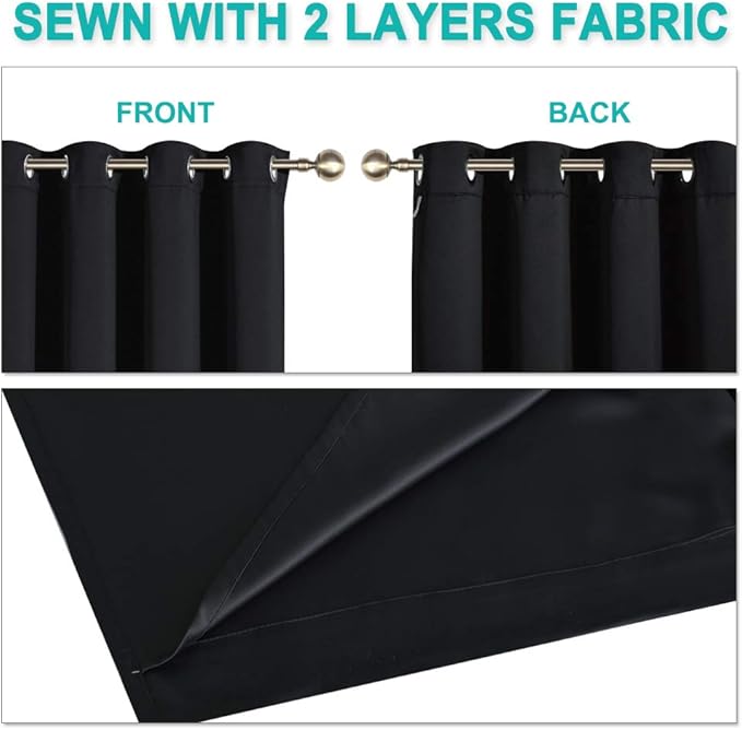 NICETOWN Extra Long Truly Blackout Drapes for Hall and Villa, 46-inch Width Each Panel, 96-inch Length, Black, 2 Pieces, 100% Blackout Window Curtain Panels with Black Lined for Night Shift Worker