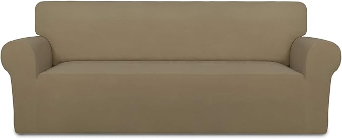 PureFit Super Stretch Sofa Slipcover – Spandex Non Slip Soft Couch Sofa Cover, Washable Furniture Protector with Non Skid Foam and Elastic Bottom for Kids, Pets （Oversized Sofa, Tan）
