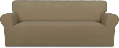 PureFit Super Stretch Sofa Slipcover – Spandex Non Slip Soft Couch Sofa Cover, Washable Furniture Protector with Non Skid Foam and Elastic Bottom for Kids, Pets （Oversized Sofa, Tan）