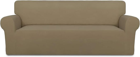 PureFit Super Stretch Sofa Slipcover – Spandex Non Slip Soft Couch Sofa Cover, Washable Furniture Protector with Non Skid Foam and Elastic Bottom for Kids, Pets （Oversized Sofa, Tan）