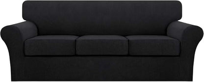 Turquoize 4 Piece Sofa Covers for 3 Cushion Couch Sofa Slipcover Soft Couch Cover for Dogs Washable Furniture Cover with 3 Individual Large Cushion Covers Feature Fabric (Large Sofa, Black)